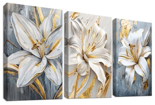 3 Pcs Lirios Grises Blancos Flores Marco de Madera Cuadro Moderno Estambres Dorados Beige Floral Lienzo Decorativos Pintura Imagen Cuadros Decoracion Salon Dormitorios Pasillo Baño 50cmx70cmx3