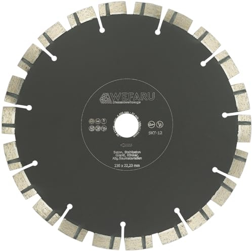 WEFARU Diamantscheibe SKT 12 – Ø 230 mm, 22,23 mm Bohrung – Profi Trennscheibe für Stahlbeton, Ziegel, Granit, Mauerwerk – Kurzzahn-Turbo, 12 mm Segmenthöhe – Nass & Trocken – für Winkelschleifer