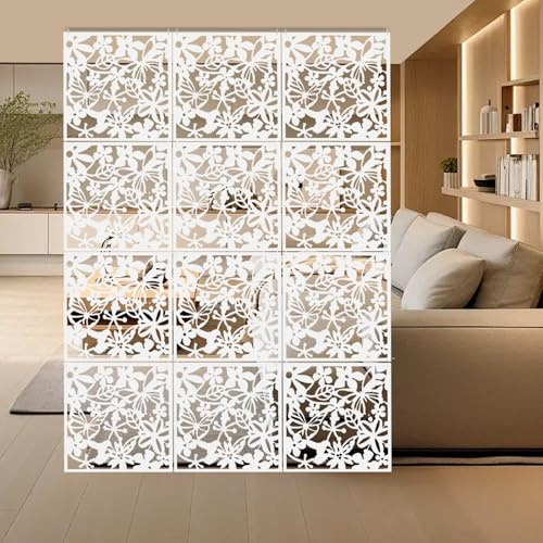 12Pcs Folding Paravent Room Divider, Hollow Carving Partition Wall Room Dividers, Hanging Folding Privacy Screen, Partition Separator White 40 * 40 * 0.127cm