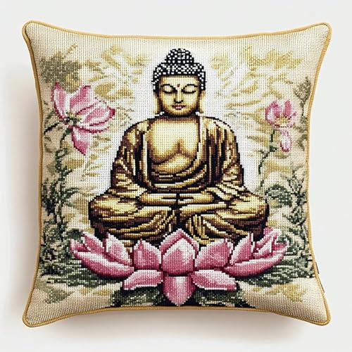 YarnAdventures Kit de Coussin avec Crochet à Loquet for Adultes Débutants,Statue du Bouddha du Lotus,Set de Crochetage Coussin Tapis,Loquet Crochet Coussin Kits,43x43cm