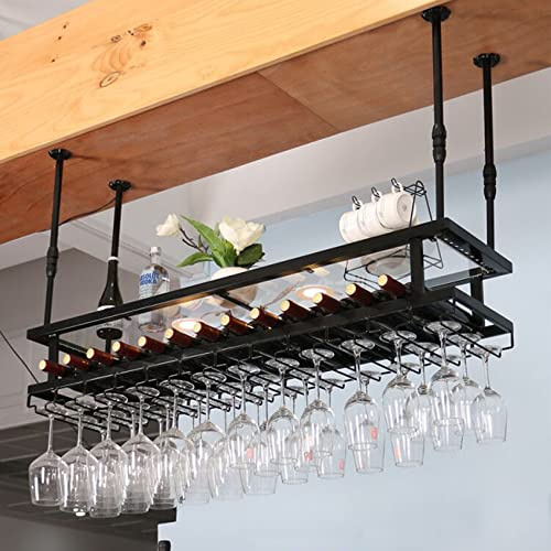 Portabicchieri da Vino in Metallo a 2 Strati con luci a LED e ripiano portabicchieri Regolabile per Montaggio a soffitto Industriale