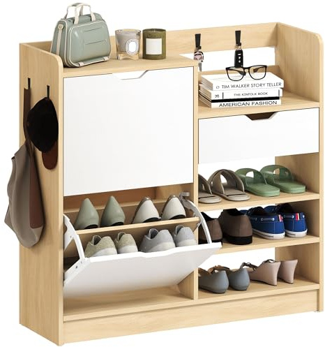 HOMCOM Schuhschrank mit 2 Klappen, Multifunktional Schuhkipper, Schuhregal mit offenen Fächern, verstellbar Trennwand, Haken Schuhkommode für 14 Paar Schuhe 93 x 30 x 90 cm, Natur