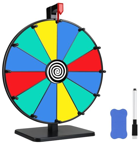 Pionites 12 Inch 12 Slots Prize Wheel Tabletop Fortune Spin with Dry Erase Marker and Eraser for Engaging Home Parties, Trade Show, Carnival Events (12'' 12slots)