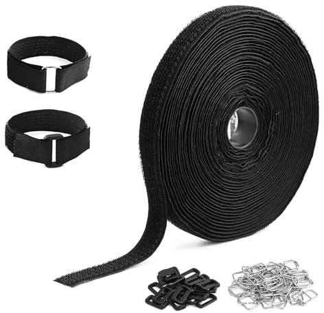 2 cm brett 10 meter svart flätad remsa med 70 metallspännen, fri klipplängd, stängningsbar, buntband för att organisera kablar, snören och slangar