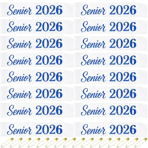 16Pcs Senior 2026 Satin Sashes,Class of 2026 Sash for Graduation Party,Graduation Sash 2026,White Blue