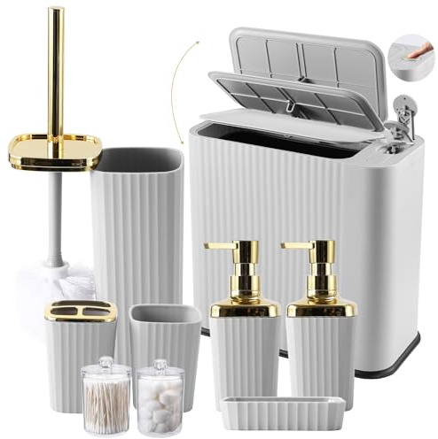 XLHOMO 9-Piece Light Gray Bathroom Set with Slim Trash Can Press Top Lid, Modern Bathroom Accessories Sets with Toilet Brush, Soap Dispenser, Toothbrush Set, Soap Dish & Apothecary Jars