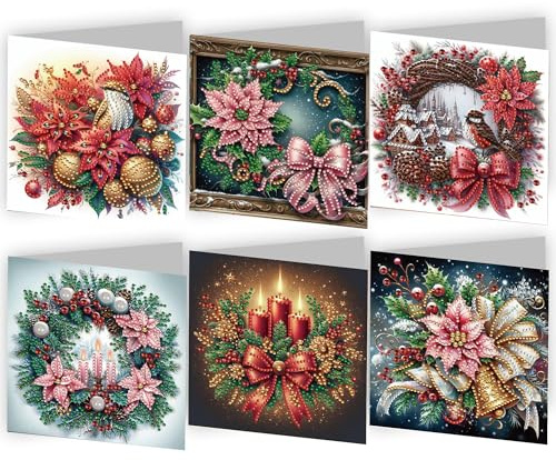 Nexoria Diamond Painting Weihnachtskarten Set, 6 Stück 5D Diamond Painting Karten Diamont painting Weihnachten Karten mit Blanko Umschlag Diamant Malerei Weihnachtsgrußkarten für Freunde Familie (D)
