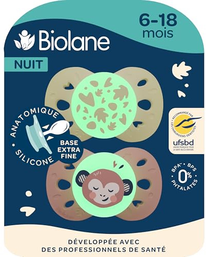 BIOLANE - Tétines Anatomiques de Nuit 6-18 Mois - Sucettes Rose & Beige | Phosphorescentes extra-fines, Téterelle plate et réversible, Respect du développement bucco-dentaire, Recommandés par UFSBD
