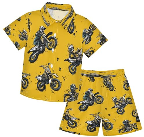 Boccsty Motorbike Motorcycle Yellow Boy Summer Shorts Sets Hawaiian Toddler Boys T-Shirt & Pants 2 Pcs 9-10Y
