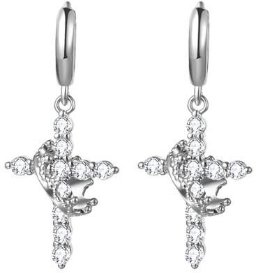 Cupimatch Women's Crown Cross Earrings: Silver-plated Zircon Cross Crown Pendant Christian Baptism Gift for Women