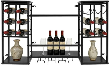 Dokiiovo Portabottiglie da parete in metallo con portabicchieri, 97 x 25 x 60 cm (nero)