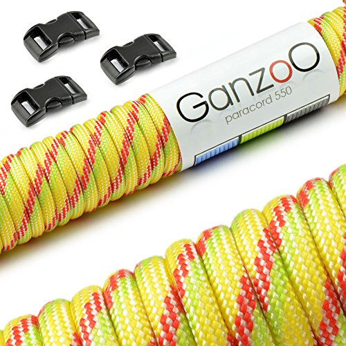 Ganzoo Set Paracord 550 Seil mit 3 x Klickverschluss 3/8“ 10mm Gurt, 4mm Schnur, 7 Kernstränge, Nylon - Polyester, Typ 3, 30 Meter, Outdoor-Schnur, Allzweckseil, Armband knüpfen, basteln
