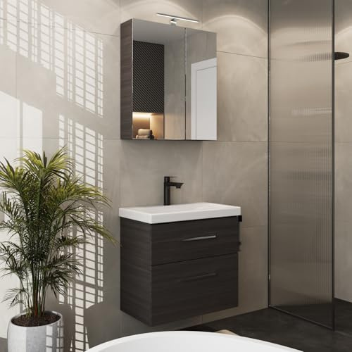 Planetmöbel Badmöbel Set Waschtisch mit Unterschrank | 63 x 60 x 36,5 cm, Spiegelschrank 60 cm mit LED-Leuchte (schwarz matt) & Steckdose, moderne Badezimmer Möbel, Anthrazit