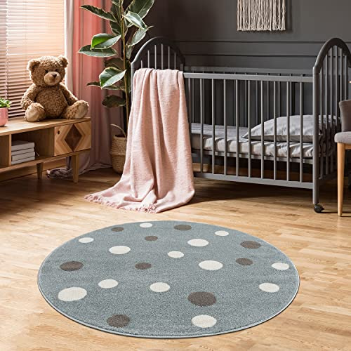 Jimri Kinderteppich DOTS l Pünktchen Gepunktet l Öko-Tex Siegel | Farbe: Beige Blau Rosa | Kinderzimmer/Jugendzimmer (Mint, Ø 120 cm Rund)