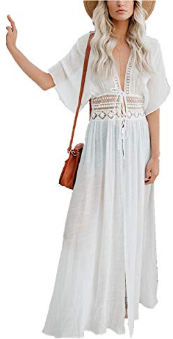 LikeJump Femmes Bohème Cardigan Robe de Plage Maxi Kimono Robe de Costume Kaftan Bikini Cover ups, Dentelle blanche, Taille unique