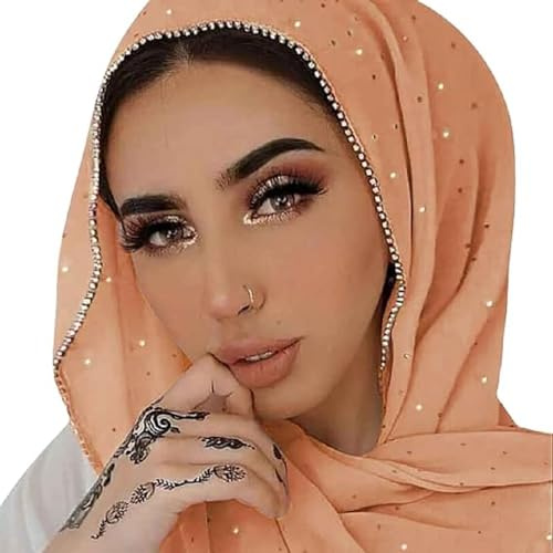 ANKOMINA Kvinnors mjuk chiffong med strass, lång halsduk, sjal, muslimsk mode, hijab, huvudsjal, halsdukar, Ljusrosa, one size