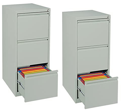Schrank & Stuhl 2 Stück Hängeregisterschränke einbahnig – Hängemappenschränke mit je 3 Schüben für DIN A4, abschließbar, komplett montiert, 101 x 40 x 62 cm, Grau