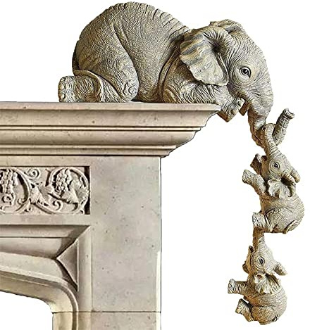 LSLANSOON Elefanten-Regalfiguren, 3er-Set mit Mutter-Elefant und 2 hängenden Baby-Elefanten, die vom Regalbrett herunterhängen, handbemalte Kunstharz-Sammelfiguren für Heimdekoration, Geschenk