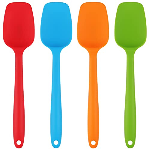 YOKOMI 4 Pcs Heat Resistant Large Silicone Spoon Spatulas, Non-Stick Silicone Rubber Spatulas Scrapers Kitchen Utensils Tools for Cooking Baking Mixing, Multicolor