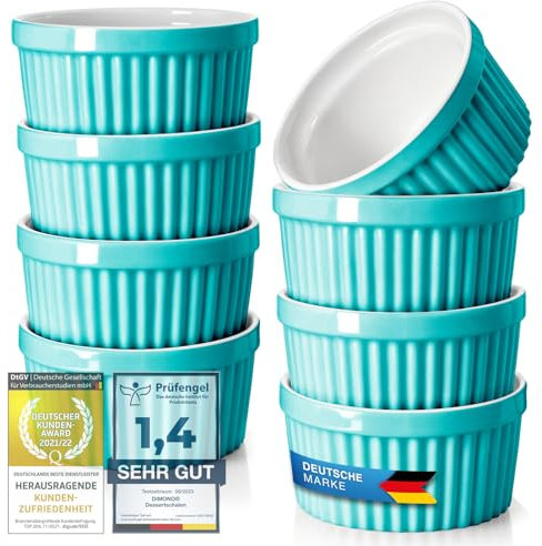 Dimono® Cuencos para Postres Moldes para Creme Brulee Soufflé, Platos de Cacerola con 170 ml para Postres, Muffins, Tartas, Juego de 8 (Turquesa)