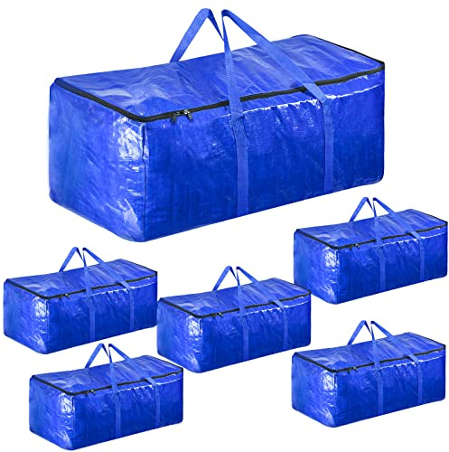 Raweao Lot de 6 Grand Sacs Déménagement Vêtements 85L, Imperméable Sac Rangement Résistant avec Fermeture éclair et Poignées Renforcées, Sacs Vêtements Housses Rangement(Bleu)