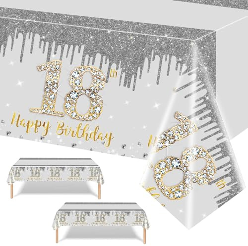 137 * 274cm Large 18th Silver Gold Table Cloth,18th Birthday Decorations for Her,Silver Gold 18thBirthday Party Plastic Table Cloth Tablecover for Her Birthday Gifts,18th.Birthday Party Supplies