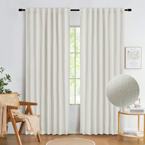 Abstractex Natural Ivory Blackout Curtains 72 Inch Long, Burlap Linen Textured Modern Thermal Insulated Rustic Farmhouse Back Tab Window Treatment for Bedroom Living Room Dining 52 W 2 Pcs