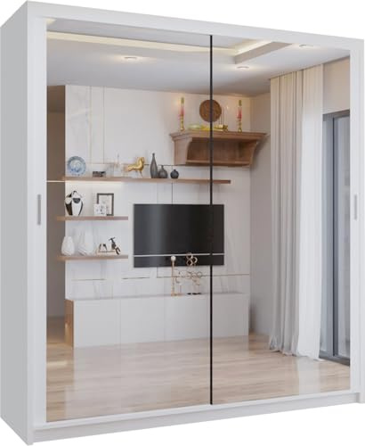 SLIDING WARDROBE 4U Double Mirror Door Large Free Standing Sliding Wardrobe for Bedroom with LED LIGHT 90/120/150/180/203cm (White, 150cm)