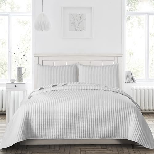 Petrichor White Quilt King Size Bedspread-Pre-Washed Lightweight for All Seasons,Ultra Soft & Breathable Comforter,Machine Washable,3-Piece Set:1Quilt(106 x96”) and 2 Pillow Shams(20x36)