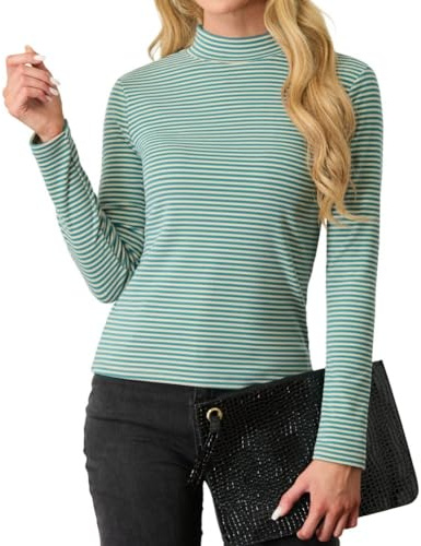 PrinStory Damsweatshirts långa ärmar tröjor dam stretch polotröja t-shirt smal passform toppar höst vinter ledig tunika toppar, Grågröna ränder, XL