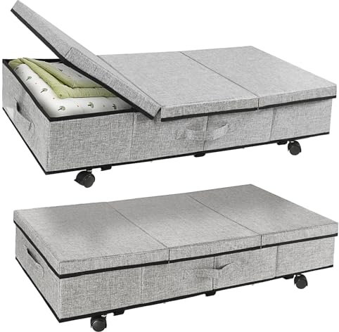 BlyeMichdi 2 Stück Unterbett Aufbewahrungstasche,Unterbettkommode mit Rollen,Unterbett Aufbewahrungsbox,Unterbett Aufbewahrung mit Deckel,für Bettdecken Kleidung, Grau