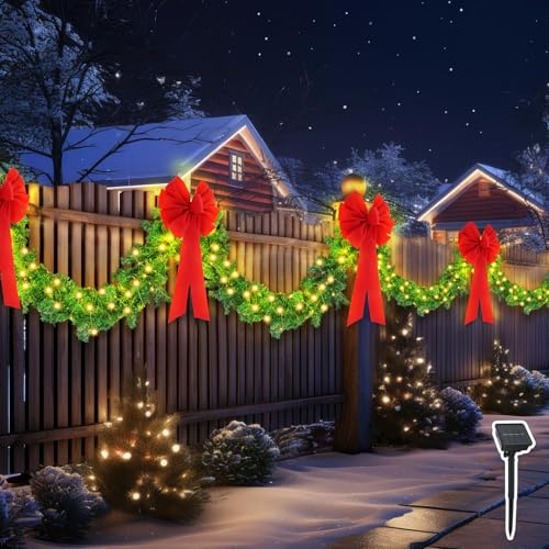 Knitgrip 2 Stück 2,7 m insgesamt 5,5 m Weihnachtszaun-Dekorationen mit Solarlicht, Weihnachtsgirlande für den Außenbereich, mit 4 großen roten Schleifen, Kabelbinder für Urlaub, Terrasse, Zaun, Traufe