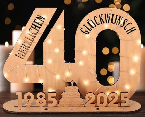 Giftota - 2025 Originelle 40 Geburtstag Geschenk Frauen & Männer - 40 Rubinhochzeit - Geldgeschenke 40 mit LED Lichterkette Ständer - Holz-Schild Gästebuch - 40 Geburtstag Deko - Hochzeitsgeschenke