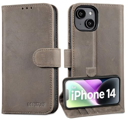 LENSUN Echtleder Hülle für iPhone 14, RFID-Blocker Handytasche, Graubraun | Bookstyle Lederhülle, Echtes Leder Vintage Handyhülle, Wallet Kartenfach, Flip Schutzhülle