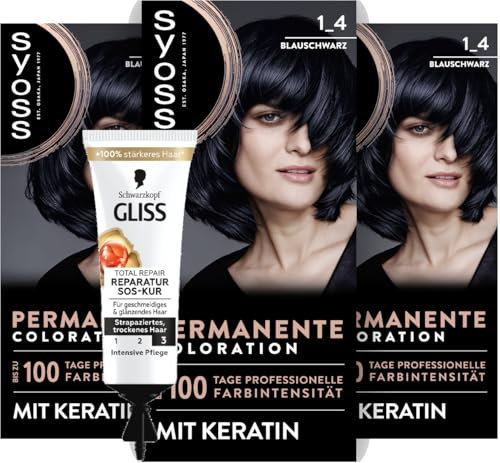 SYOSS Coloration 1_4 Blauschwarz (3x 115 ml), permanente Coloration mit Keratin verleiht bis zu 100 Tage professionelle Farbintensität & SOS-Intensiv-Kur Total Repair (15 ml), Haarkur mit Keratin