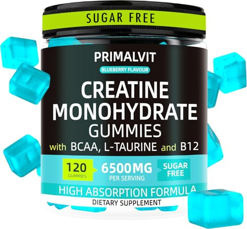 120 Creatine Gummies 6500mg Sugar-Free Complex – 40-Day Supply – Pre-Workout Creatine Monohydrate + BCAA, L-Taurine, B12 – Max Strength Chewable Gym Supplement Vegan Gummy Chews Men & Women Primalvit