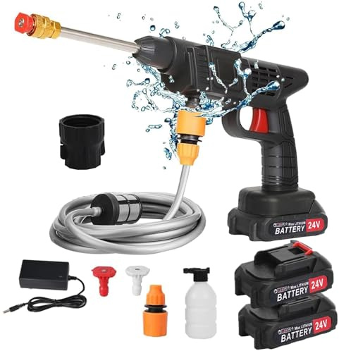 HshDUti Akku Hochdruckreiniger, Tragbarer-Mobiler Hochdruckreiniger Max 35Bar MIT 2 x 1500mah Akku, Schaumsprüher, Düse für Auto, Tergreinigerpistole, Fenster, Rasen, Garten, Schwarz