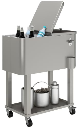 Outsunny Carro de Bebidas Refrigerado 56L con Ruedas 67x35x80 cm Negro | Carrito Nevera, Abrebotellas y Estante, Patio Fiesta Terraza, Nevera Exterior