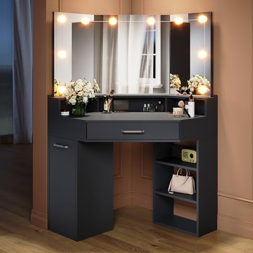 Eck Schminktisch mit LED-Beleuchtung 3 Klappspiegel mehreren Schubladen | B110xT54xH141.5cm 3 Litchmodi einstellbare Helligkeit mit Schubladen und Offenes Ablagefach Schwarz