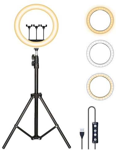 Aro de Luz Grande 36cm 14 de diámetro con Trípode Regulable Desde 55 cm hasta 200cm, 3 Soportes para Móvil, 3 Modos de Luz y 10 Niveles de Brillo