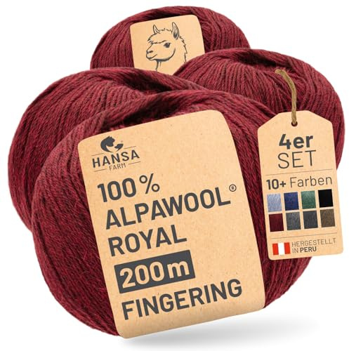 HANSA-FARM |Alpawool 100% Royal Alpaka 200g Set (4 x 50g) edel und absolut kratzfreie Wolle zum Stricken & Häkeln - HF179 Weinrot Melange