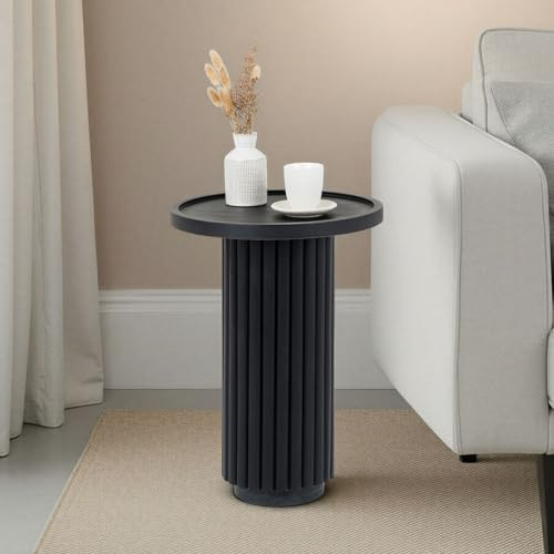IDIMEX Beistelltisch BEJA aus massivem Mangoholz, Schwarz - Ablagetisch rund 38 cm, Sofatisch mit geriffelter Struktur, Couchtisch modern für Wohnzimmer, Design Beistelltisch mit Marmorfuß