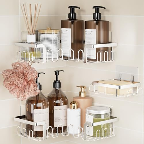 TIDIIABODE Duschablage ohne Bohren, Duschregal Ecke mit Seifenhalter & 24 Haken, 3-teilig rostfreier Badezimmer Organizer, Shampoo Halterung für Dusche, Silber