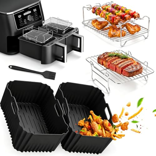 Rejilla de Acero Inoxidable Freidora de Aire para Ninja AF400EU/ DZ400EU | 5 Pieza Accesorios Air Fryer Set, Parrilla Apilable con 3 Brochetas, Molde Silicona Airfryer, para Ninja 9,5L SL400EU/SL451EU