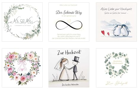 Edition Seidel Set 6 quadratische Glückwunschkarten zur Hochzeit mit Umschlag. Grußkarten Doppelkarten Klappkarten Kartenset Karte Hochzeitskarte Spruch Ja-Wort Mann & Frau Liebe Ehe Glück (SW026)
