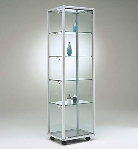 MHN Glasvitrine mit Rollen T 52,5 x B 52,5 x H 184,5 cm - schmale Glas Standvitrine abschließbar - Ausstellungs-Vitrine - LED-Beleuchtung