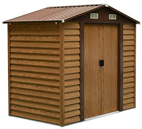 Outsunny 8 x 6ft Metal Garden Shed, House Hut Gardening Tool Storage with Ventilations, Sliding Door, Sloped Roof for Garden, Patio, Brown Wood Effect
