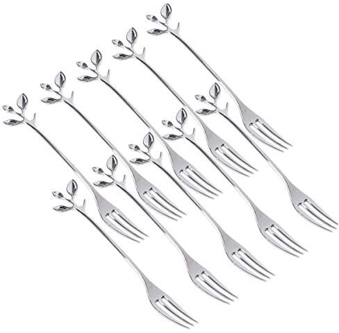 10 Pcs Stainless Steel Fruit Forks Leaf Handle Cake Fork for Dessert Salad Fruit Appetizer Cake Cocktail