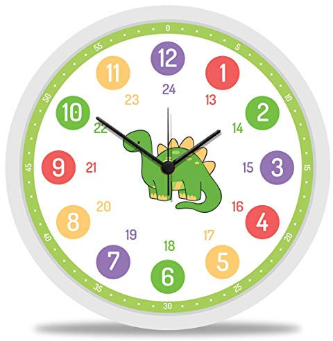 GRAVURZEILE Wanduhr Kinder Dino Motiv - Lautlose Kinderwanduhr geeignet für Mädchen - Bunte Lernuhr für Kinder 30 cm - Einfaches Ablesen der Uhrzeit Lernen - Farbenfrohes Dinosaurier Design