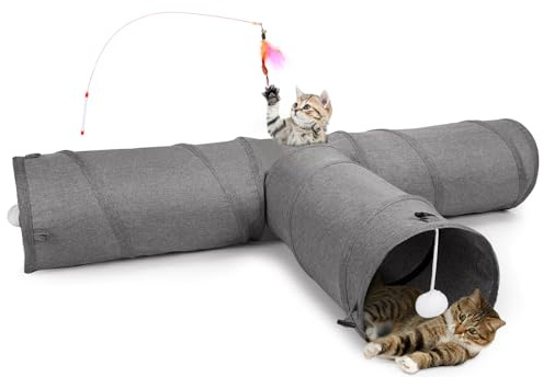 Ownpets Cat Tunnel, 3 Way Collapsible Kitty Tunnel 47 inch Long Cat Tube with Plush Ball & Feather Toy, Cat Play Tunnel for Indoor Cat, Kitten, Rabbit